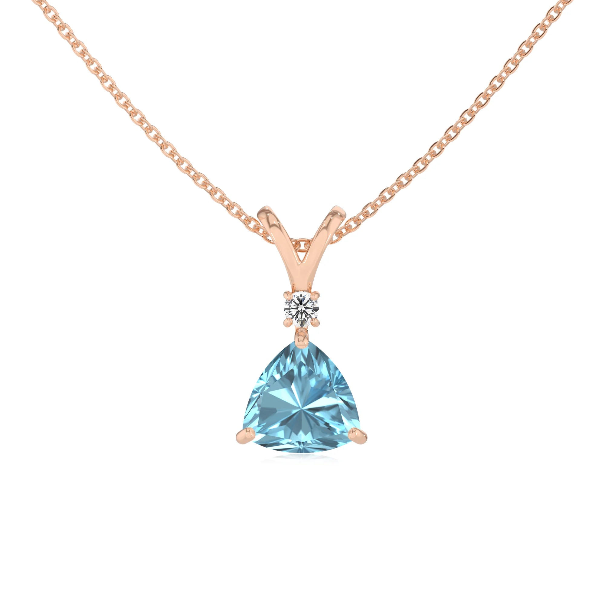 lab grown aquamarine trillion solitaire v-bale necklaces in rose gold 