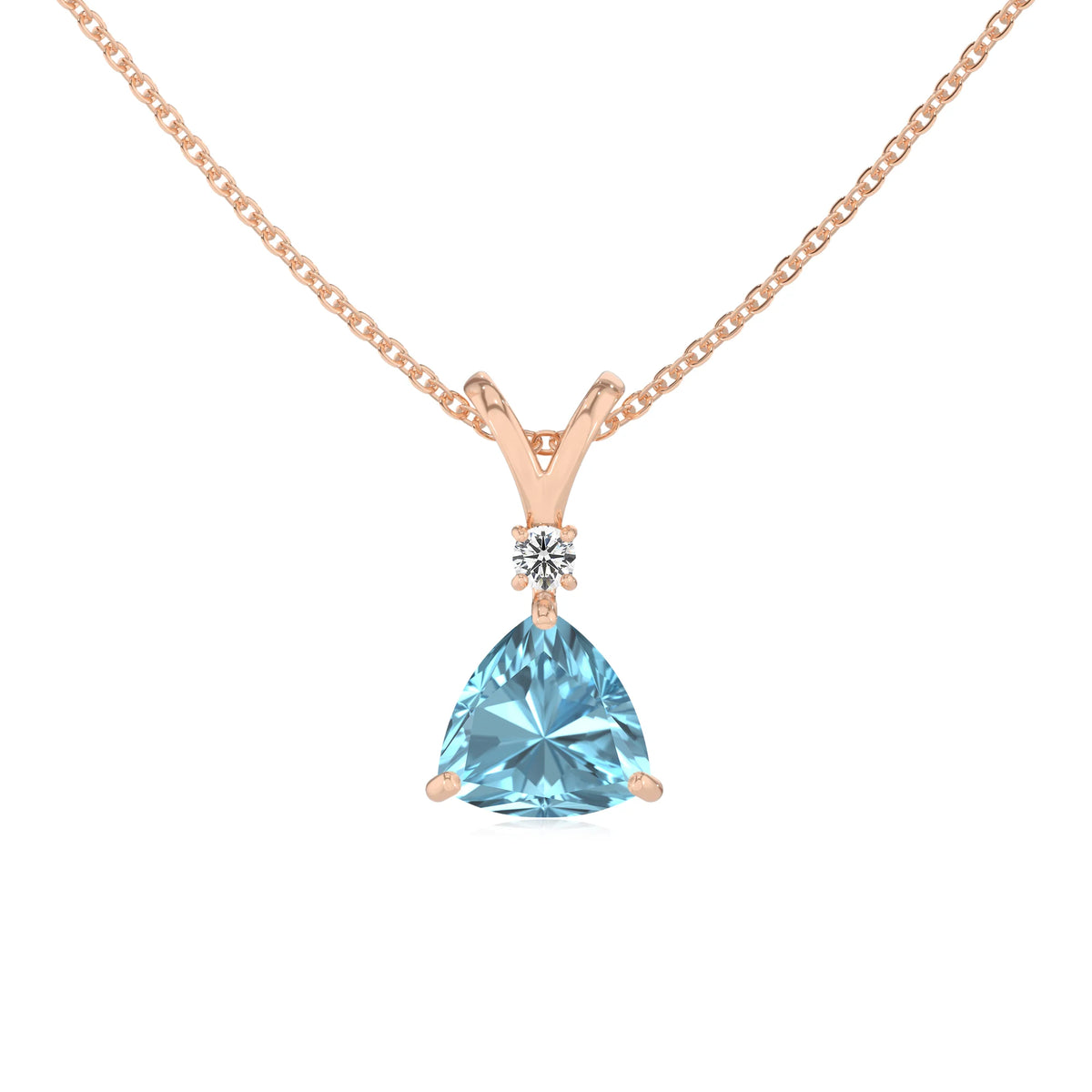 lab grown aquamarine trillion solitaire v-bale necklaces in rose gold 
