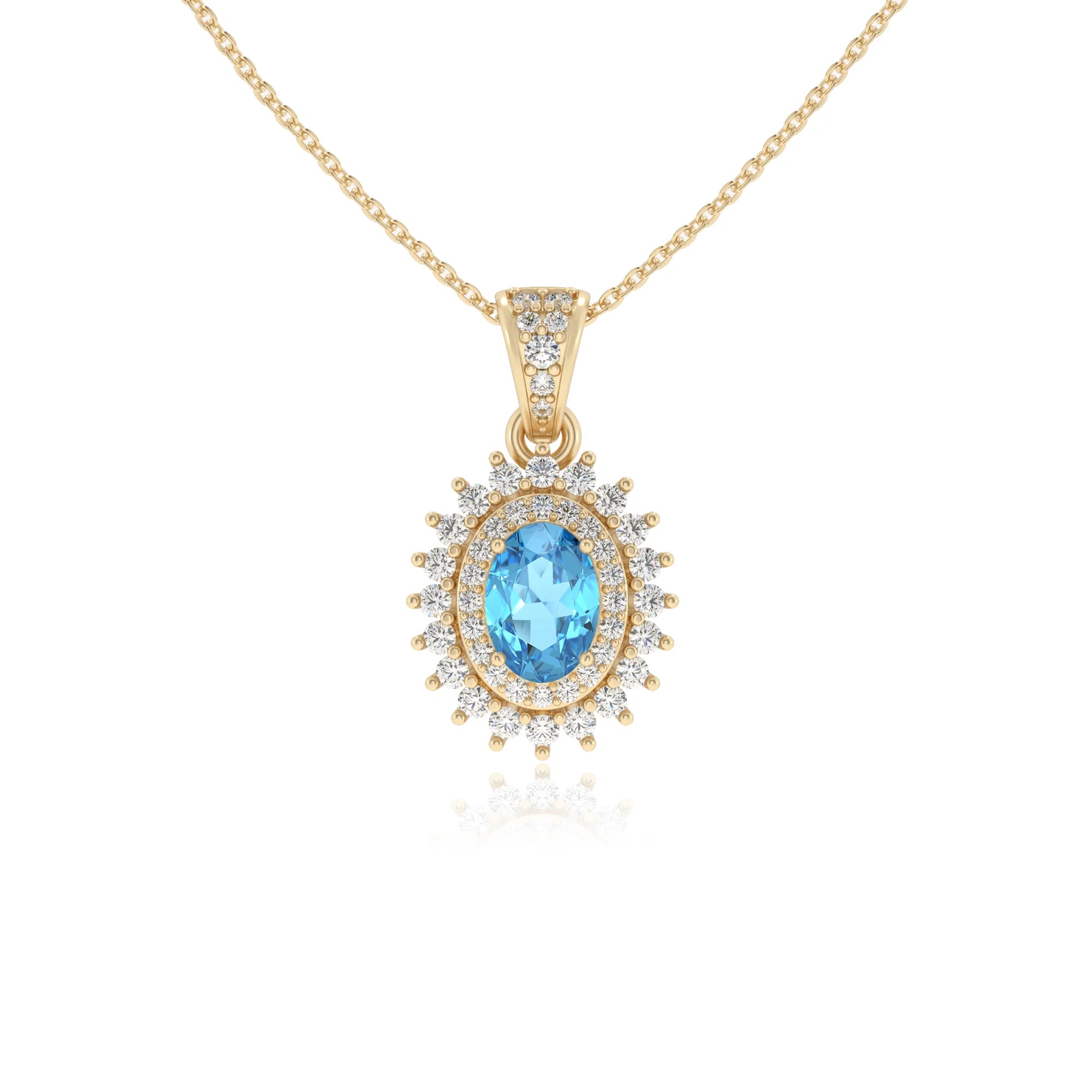 natural swiss-blue-topaz oval halo necklaces in yellow gold 