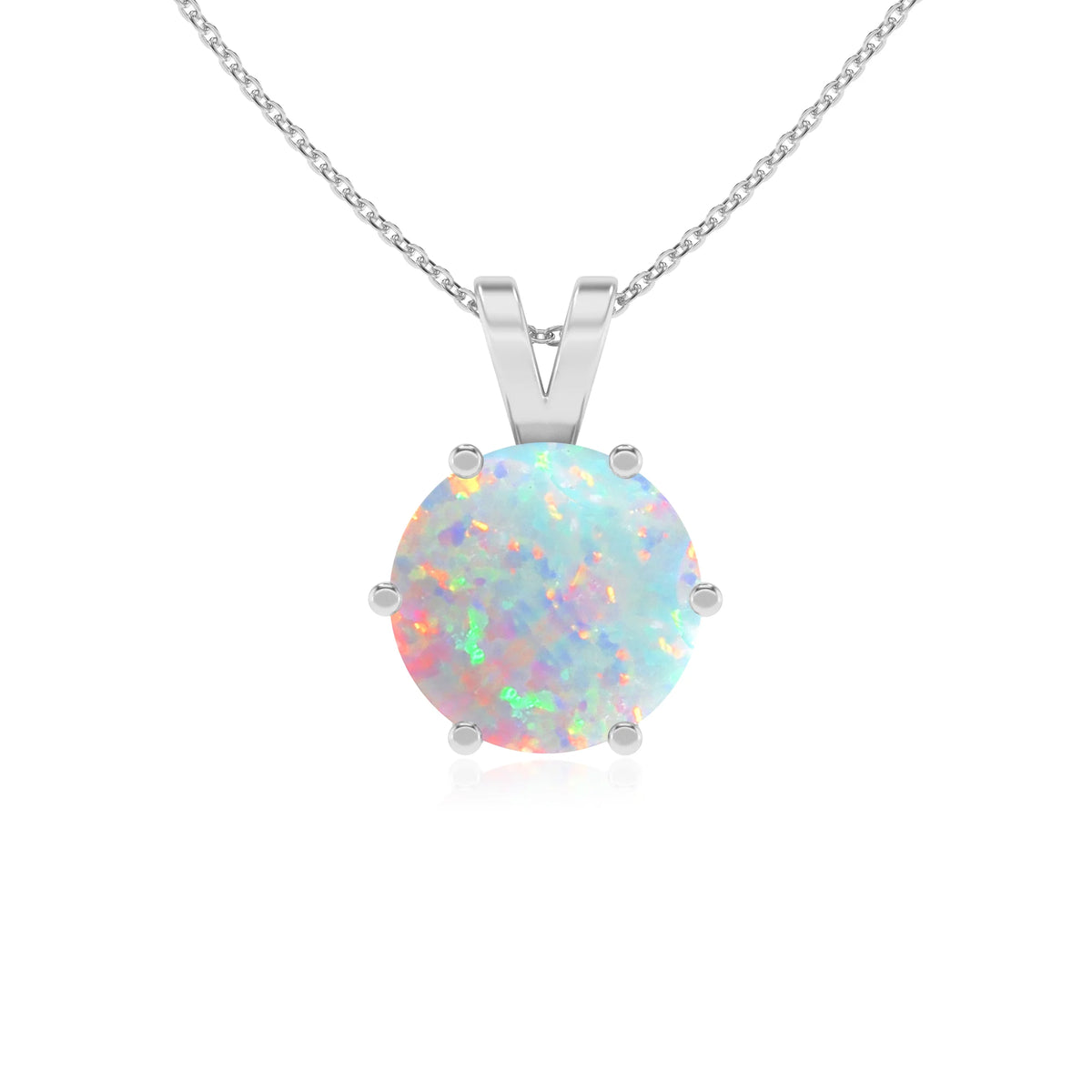 lab grown opal round solitaire v-bale necklaces in white gold 