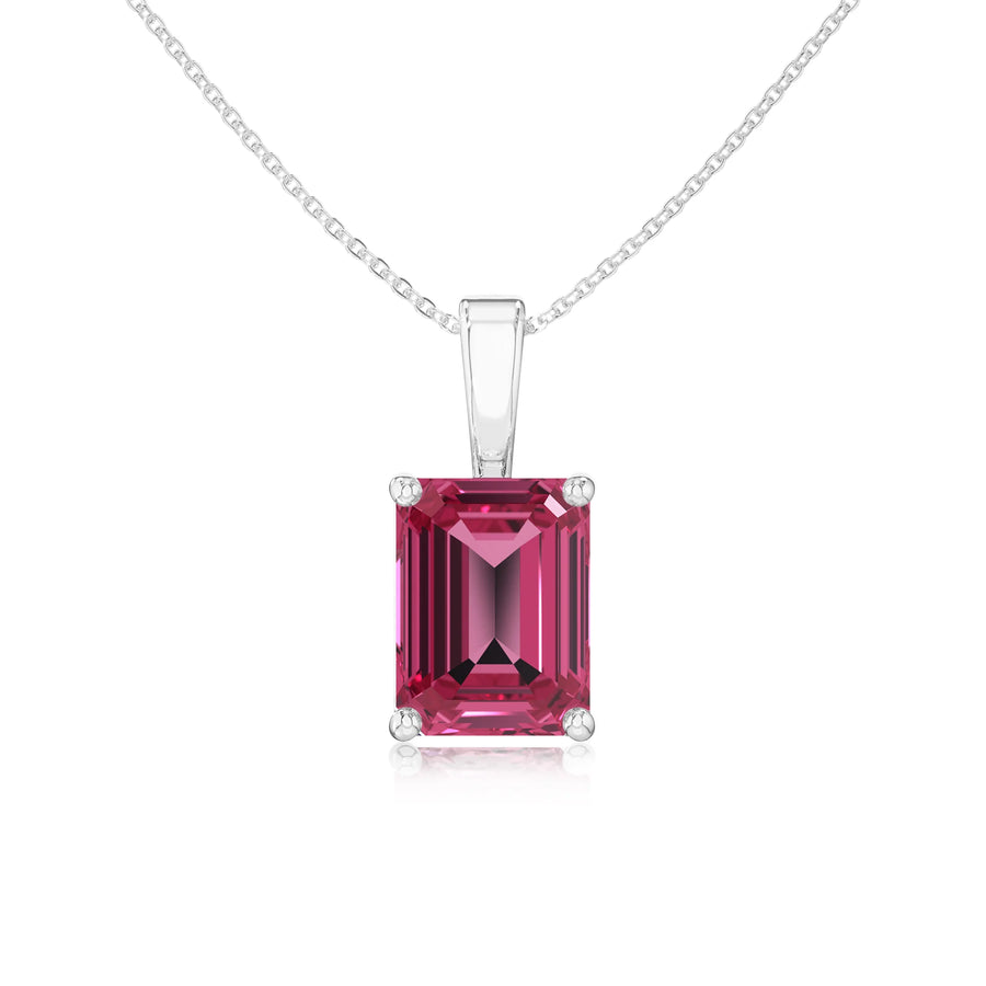 lab grown pink-tourmaline emerald cut solitaire necklaces in sterling silver 