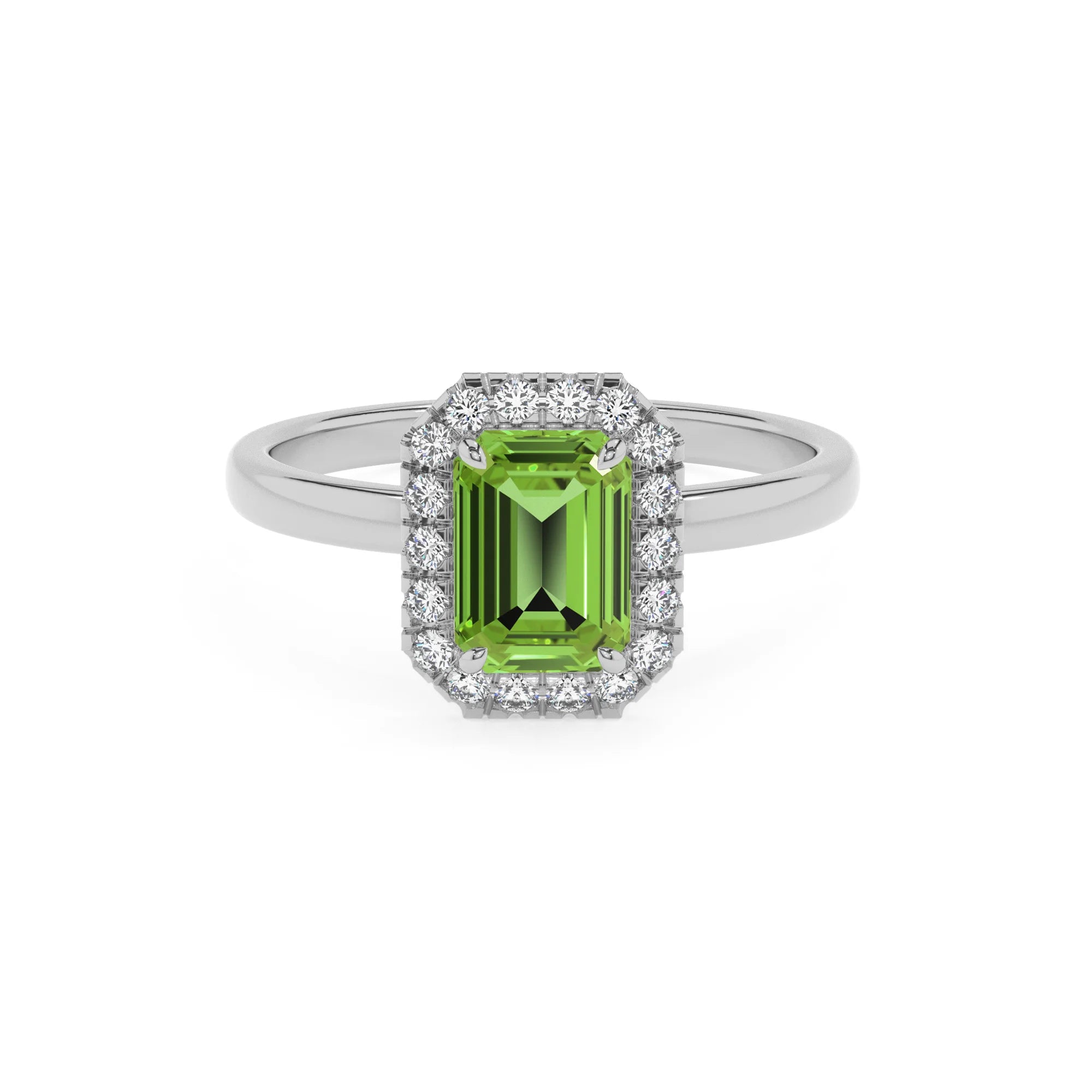 natural peridot emerald cut solitaire rings in white gold 