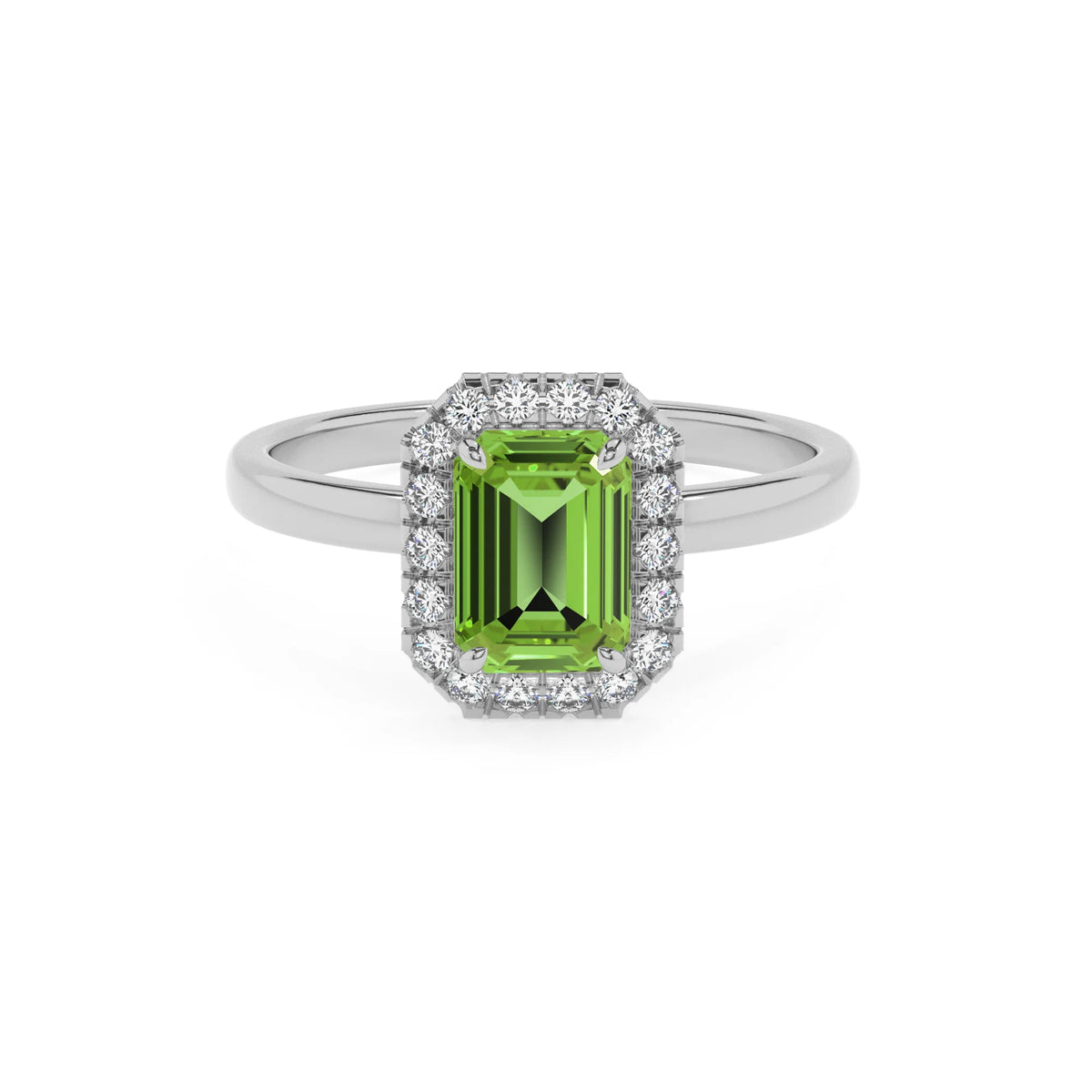 natural peridot emerald cut solitaire rings in white gold 