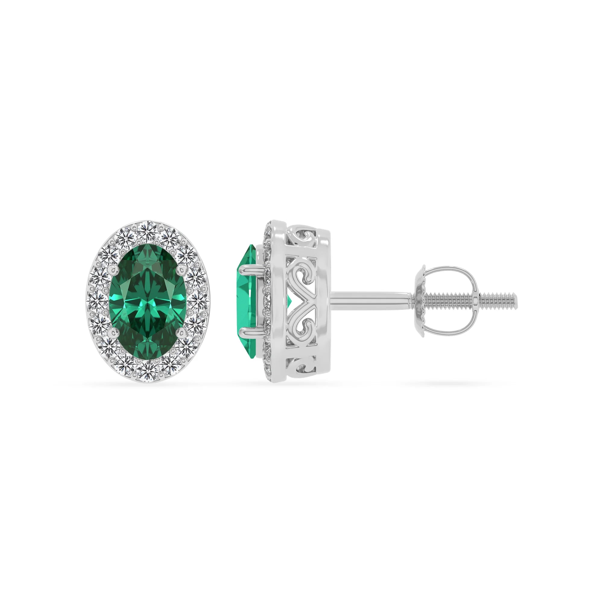 lab grown emerald oval stud earrings in white gold 
