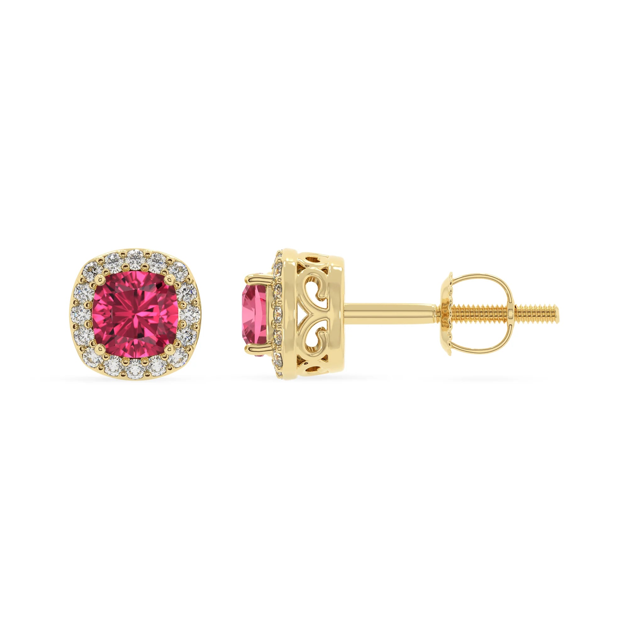 lab grown pink tourmaline cushion stud earrings in yellow gold 