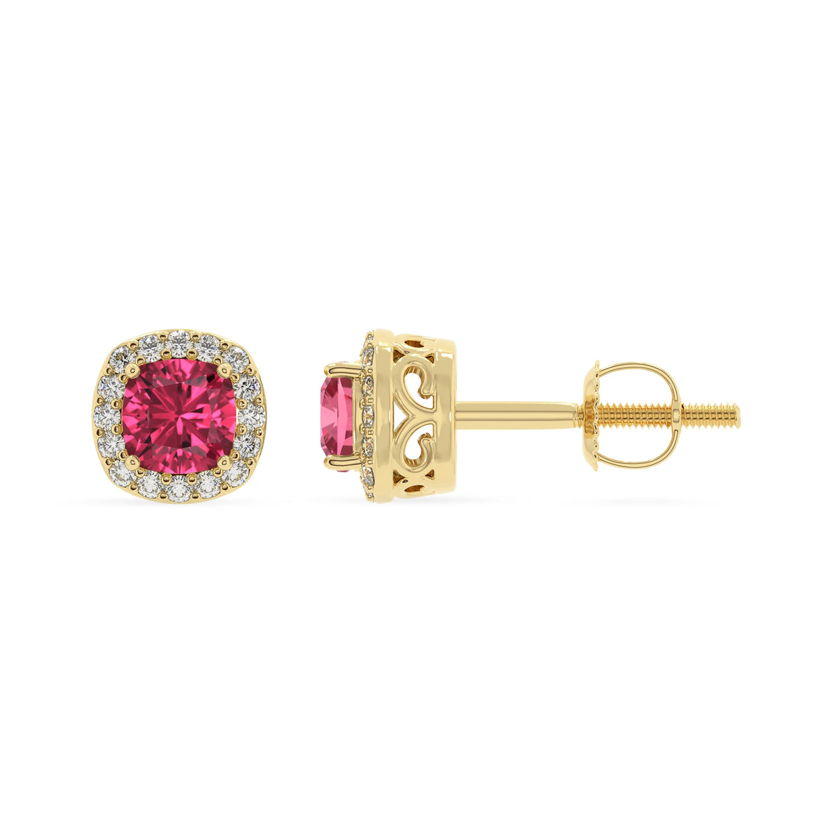 lab grown pink tourmaline cushion stud earrings in yellow gold 