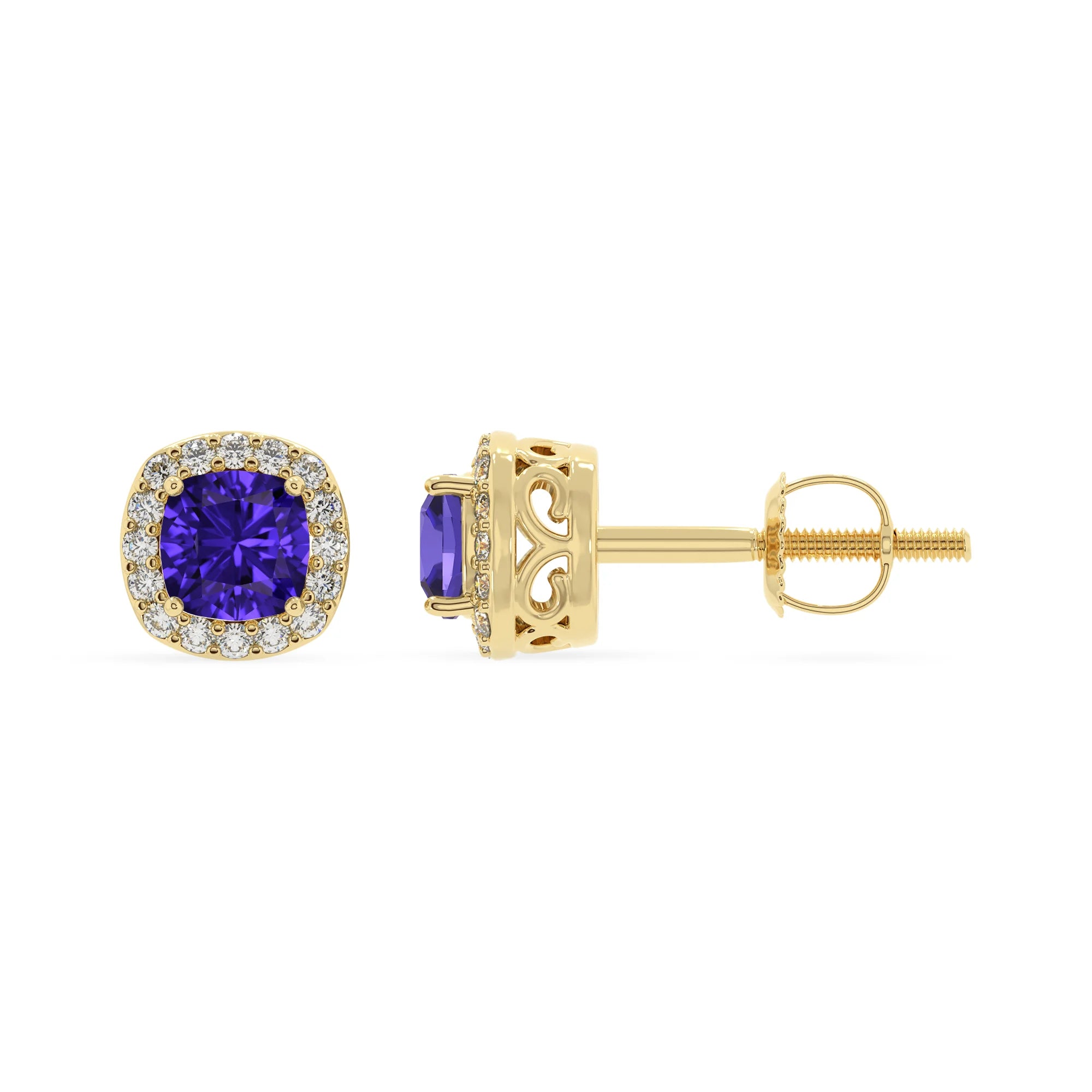 lab grown tanzanite cushion stud earrings in yellow gold 
