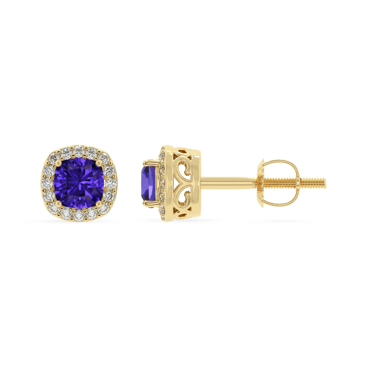 lab grown tanzanite cushion stud earrings in yellow gold 