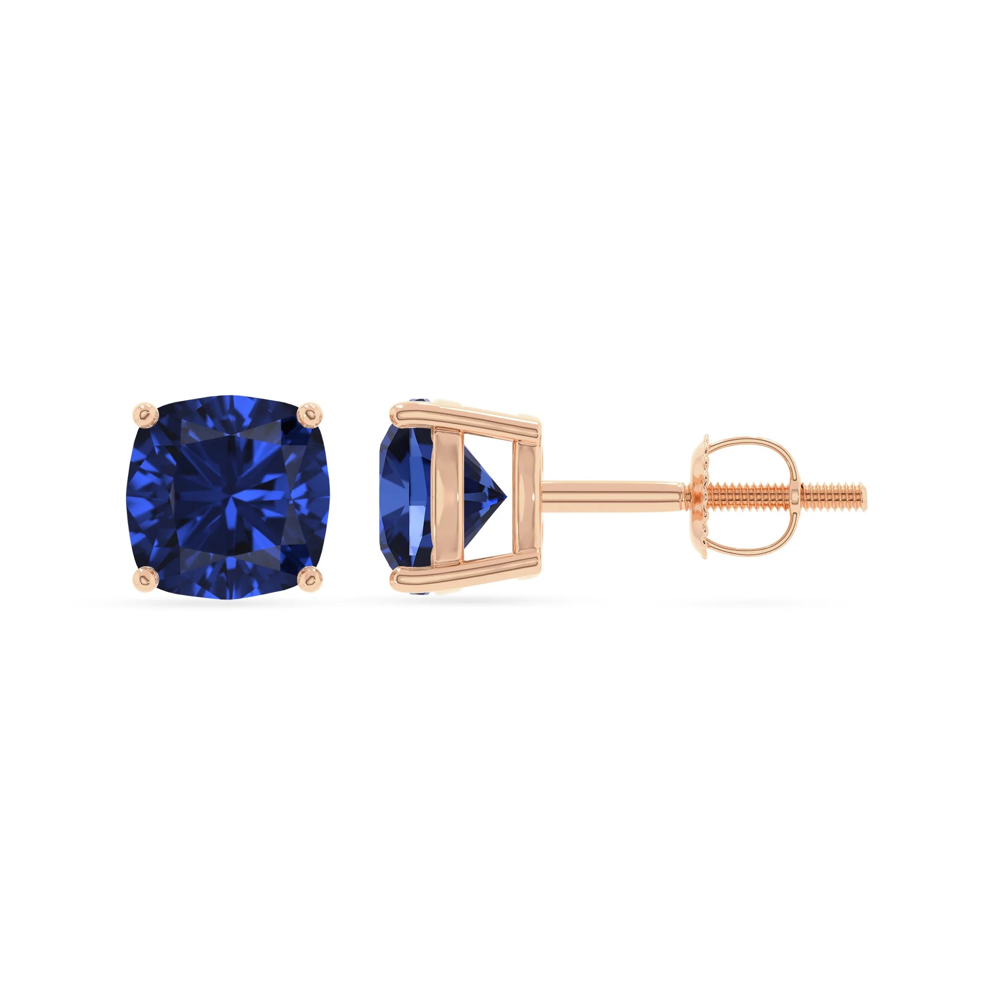 lab grown blue sapphire cushion stud earrings in rose gold 