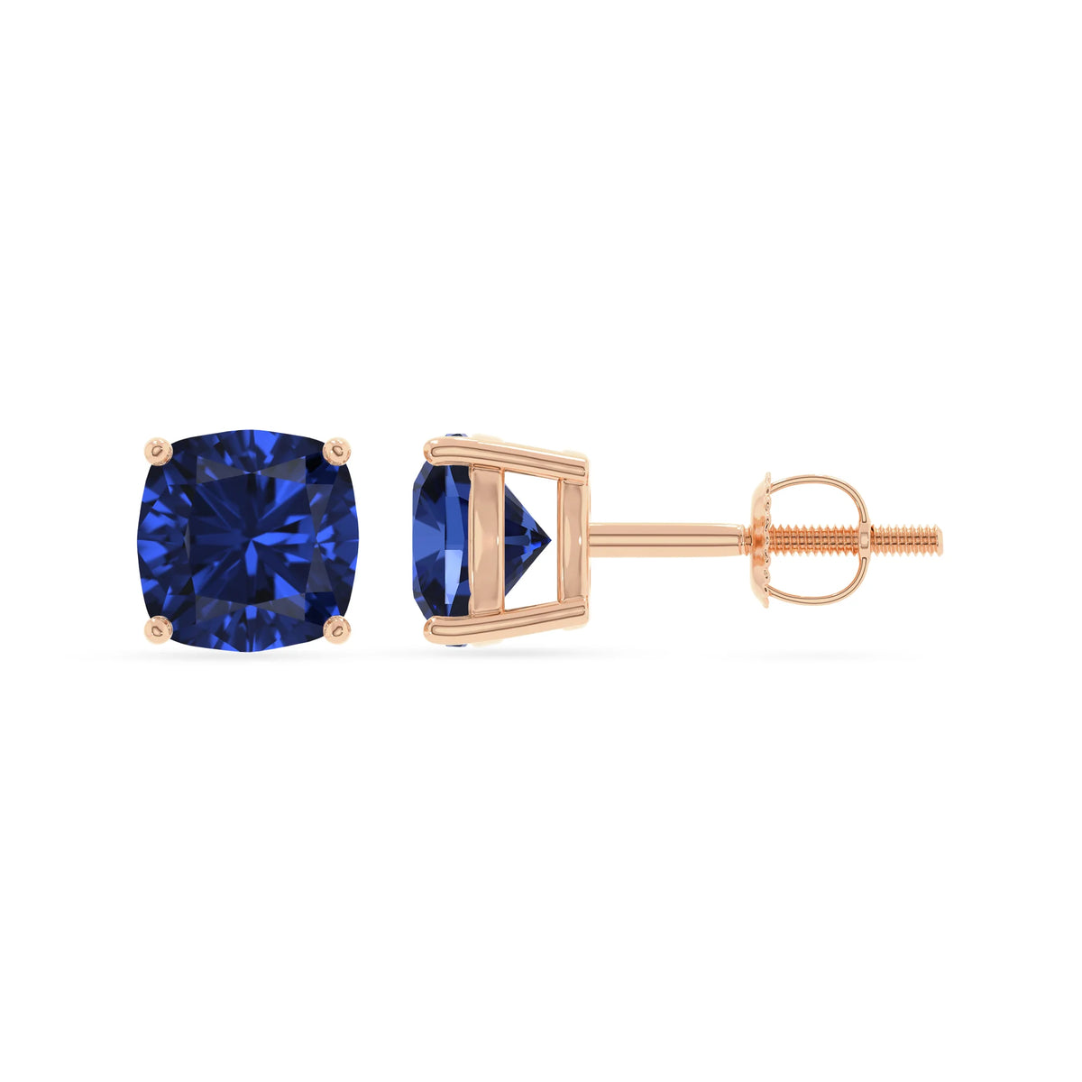 lab grown blue sapphire cushion stud earrings in rose gold 