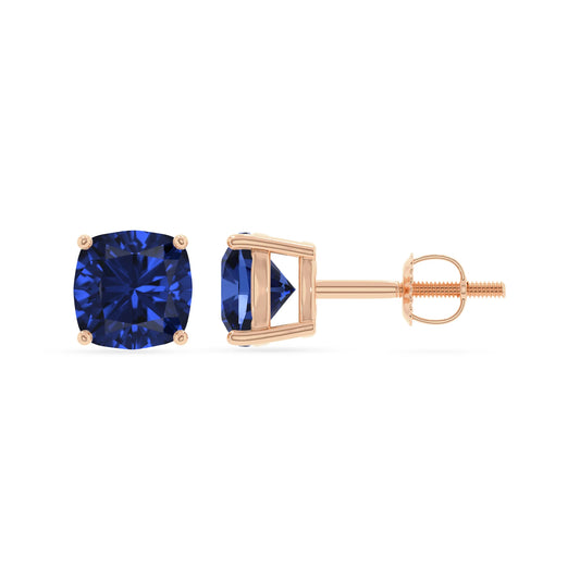 lab grown blue sapphire cushion stud earrings in rose gold 