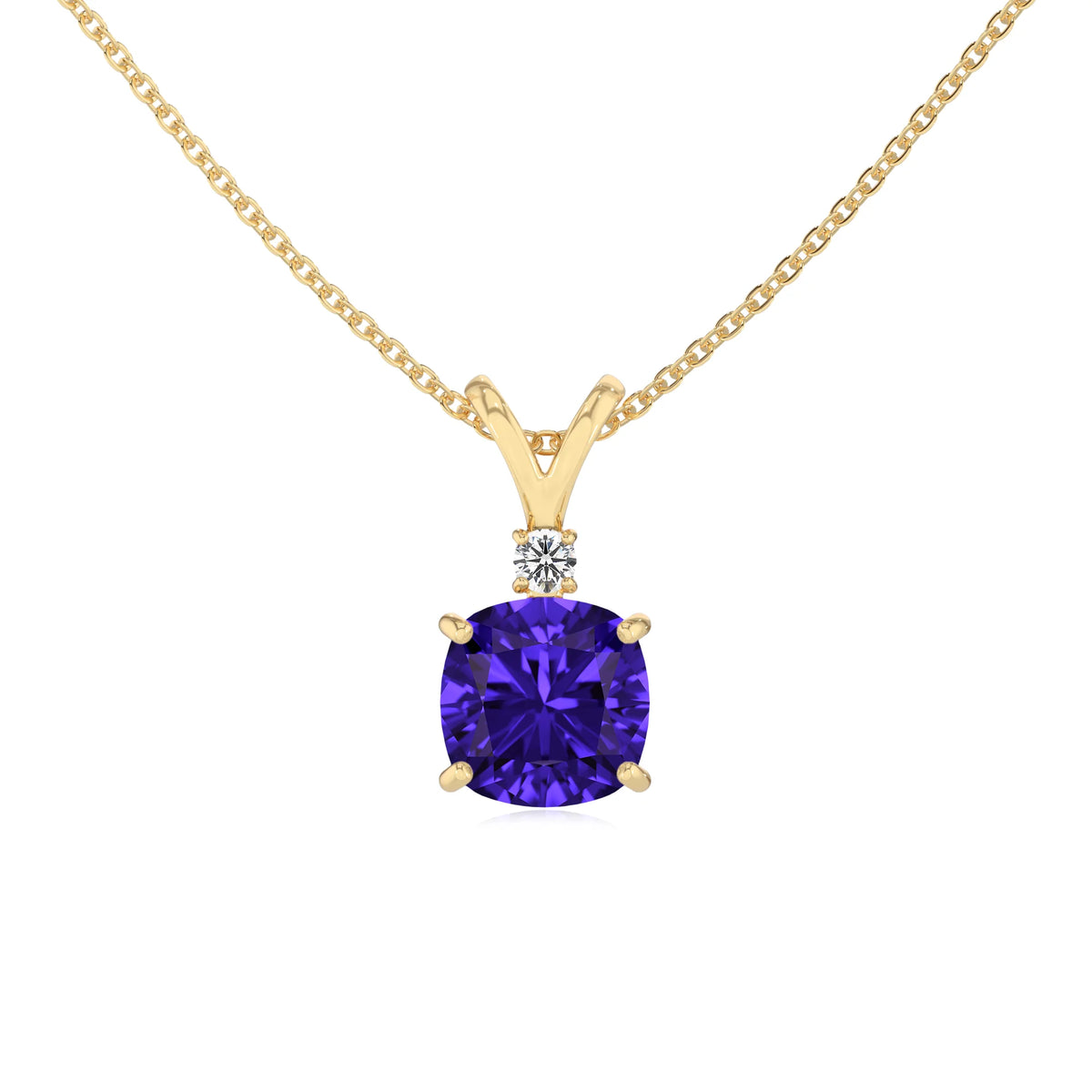 lab grown tanzanite cushion solitaire v-bale necklaces in yellow gold 