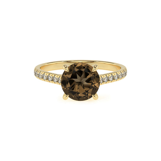natural smoky-quartz round half eternity solitaire engagement rings in yellow gold 