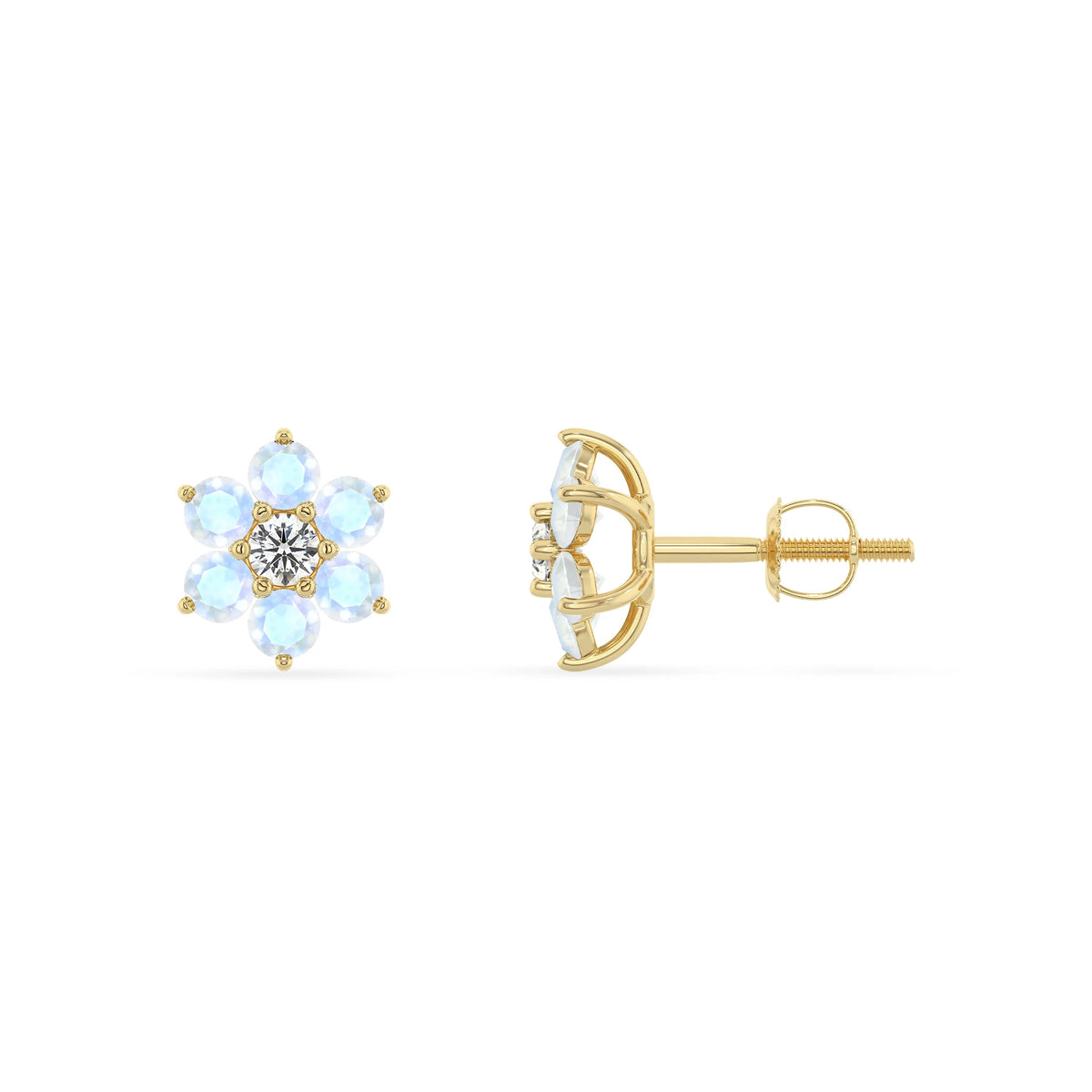 Natural Rainbow Moonstone Round Stud Earrings with Diamond