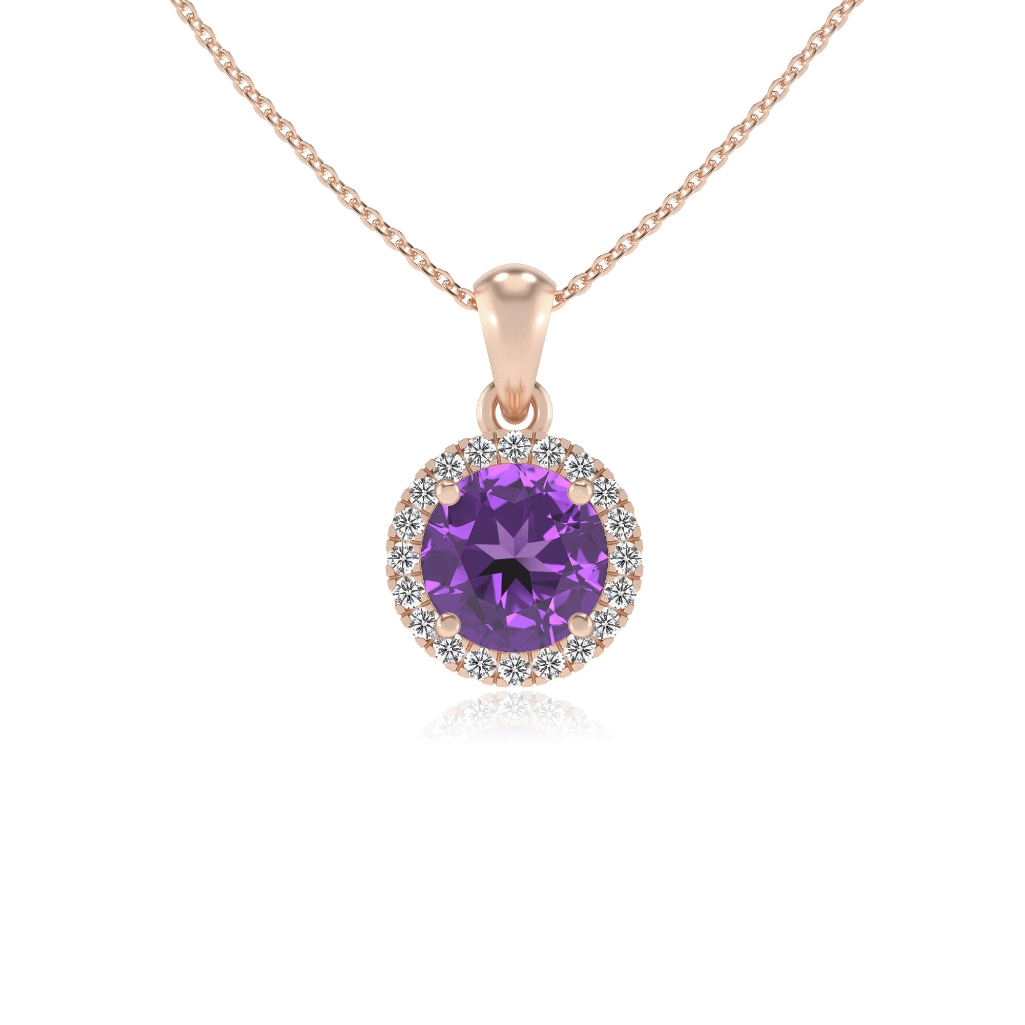 lab grown amethyst round solitaire necklaces in rose gold 