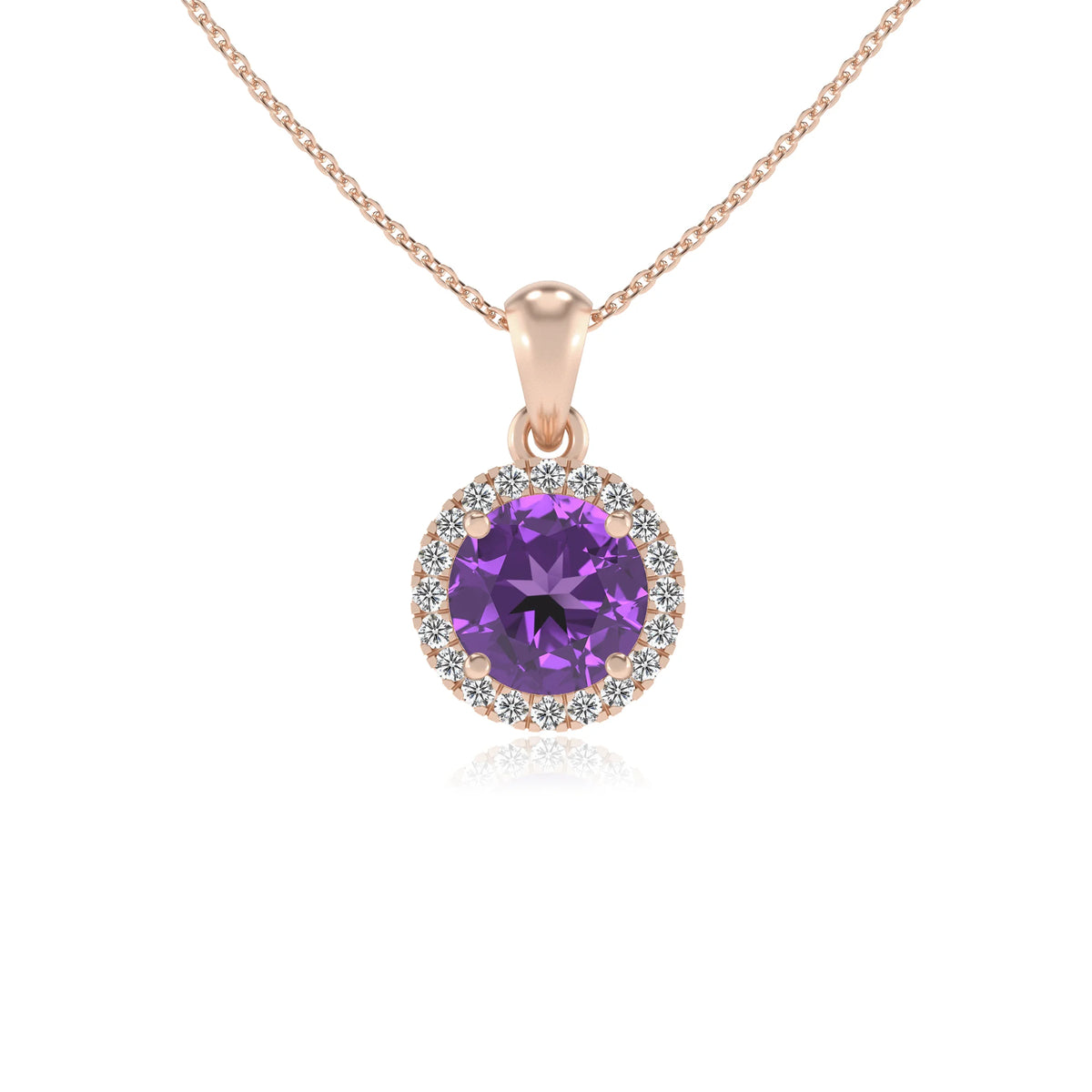 lab grown amethyst round solitaire necklaces in rose gold 