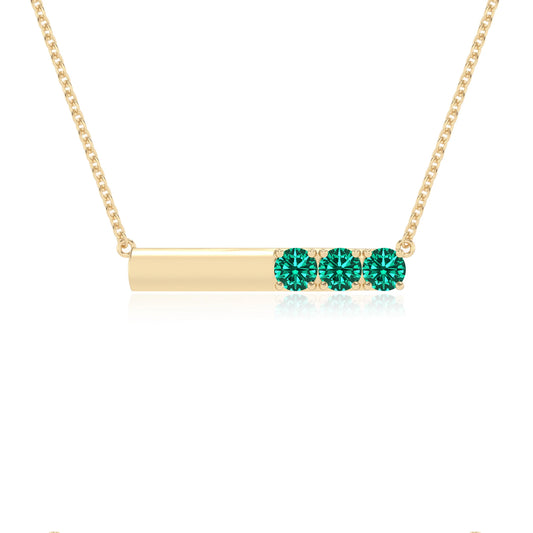 lab grown emerald round bar v-bale necklaces in yellow gold 