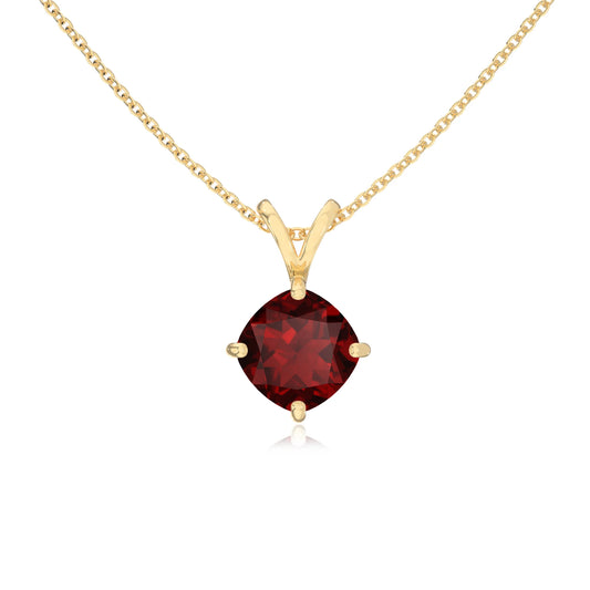 natural garnet cushion solitaire v-bale necklaces in yellow gold 