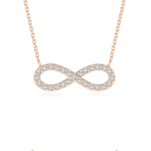 lab grown moissanite round infinity v-bale necklaces in rose gold 