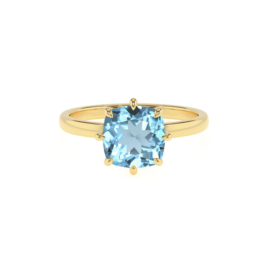 lab grown aquamarine cushion solitaire rings in yellow gold 