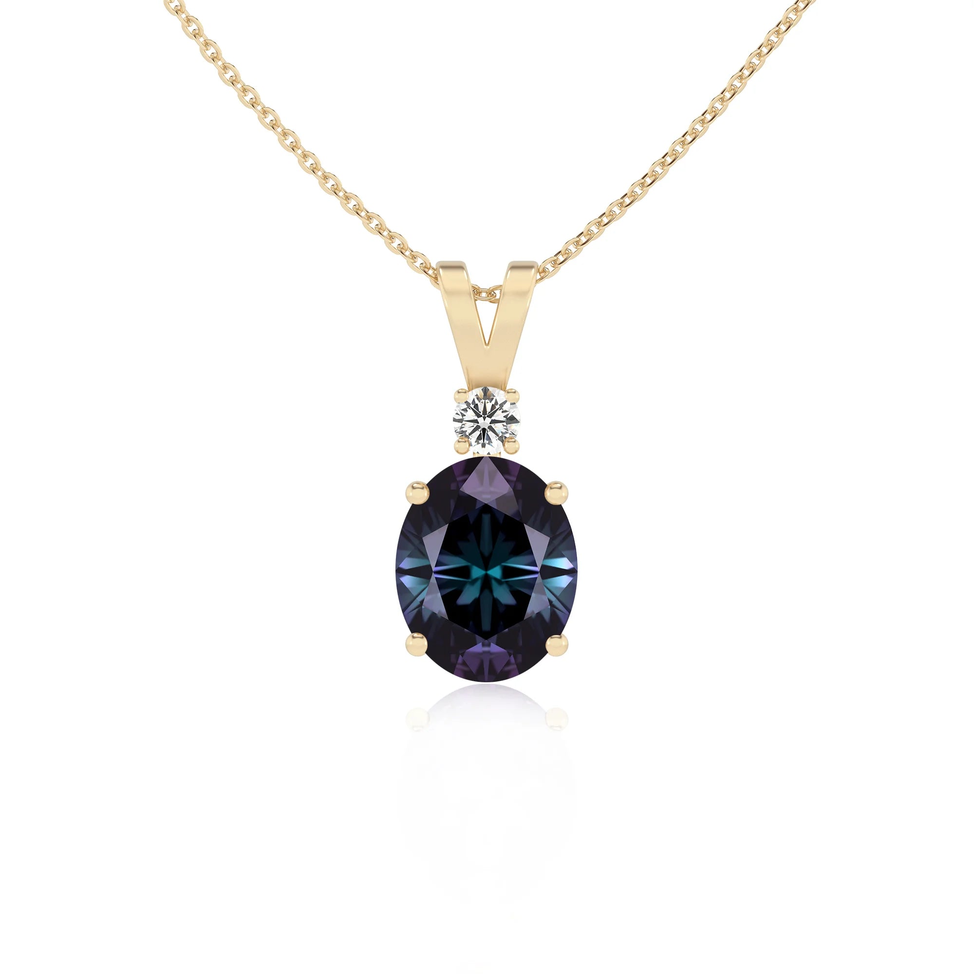 lab grown alexandrite oval solitaire v-bale necklaces in yellow gold 