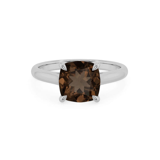 natural smoky-quartz cushion solitaire rings in white gold 