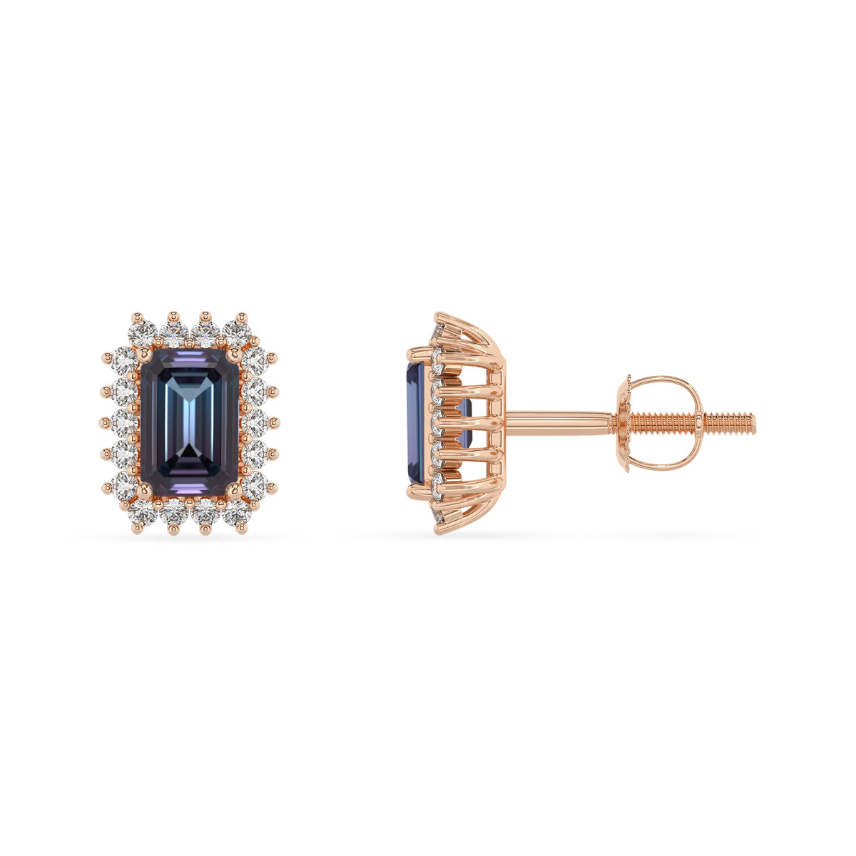 lab grown alexandrite emerald cut stud earrings in rose gold 