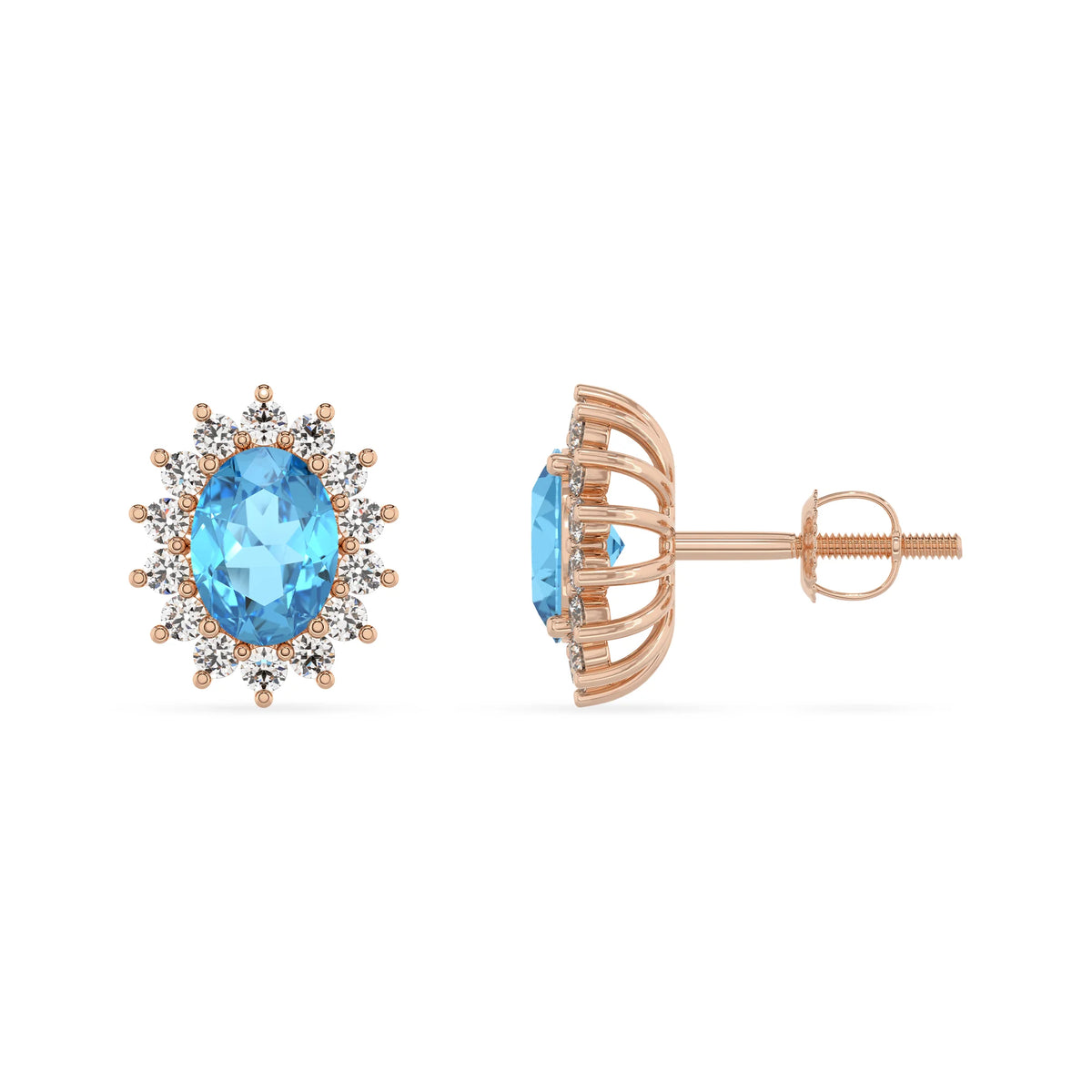 natural swiss blue topaz oval stud earrings in rose gold 