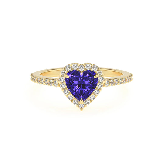 lab grown tanzanite heart solitaire rings in yellow gold 