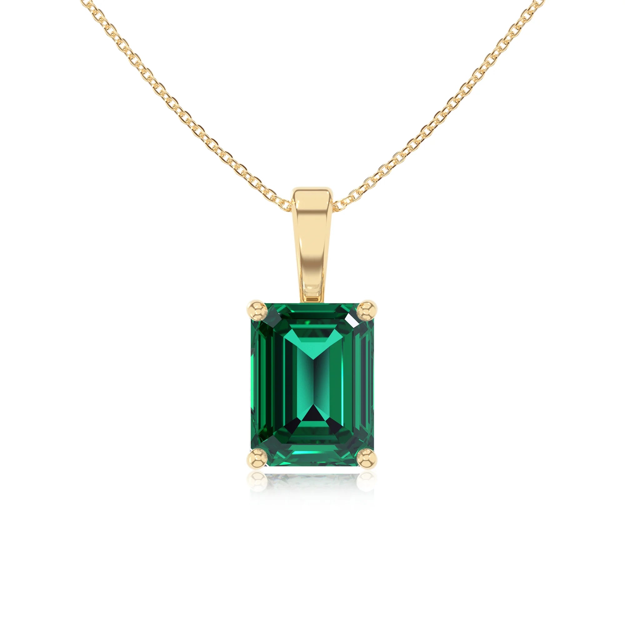 lab grown emerald octogon cut solitaire necklaces in yellow gold 