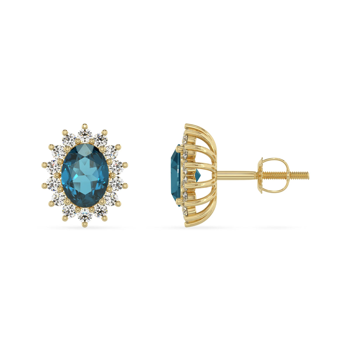 natural london blue topaz oval stud earrings in yellow gold 