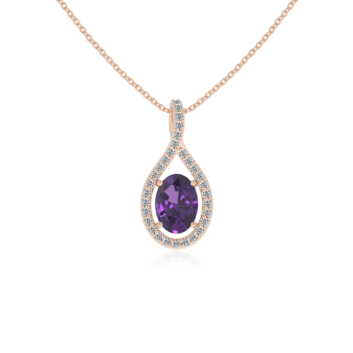 lab grown amethyst oval solitaire necklaces in rose gold 