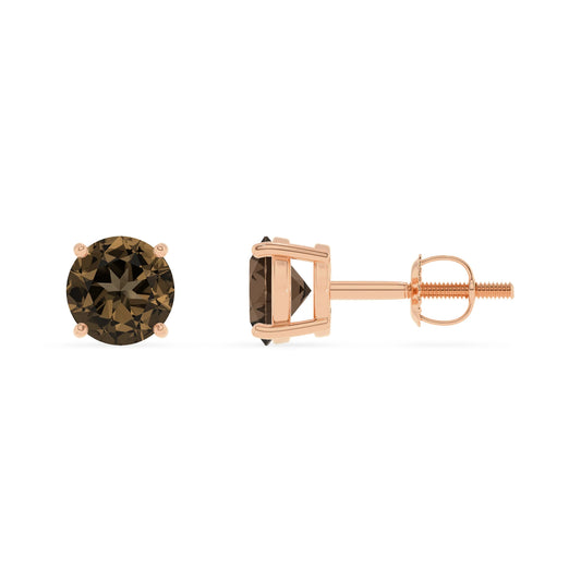 natural smoky quartz round stud earrings in rose gold 