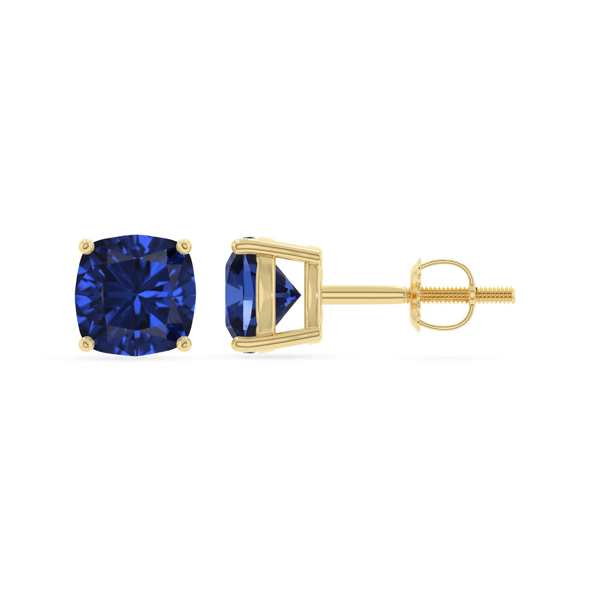 lab grown blue sapphire cushion stud earrings in yellow gold 