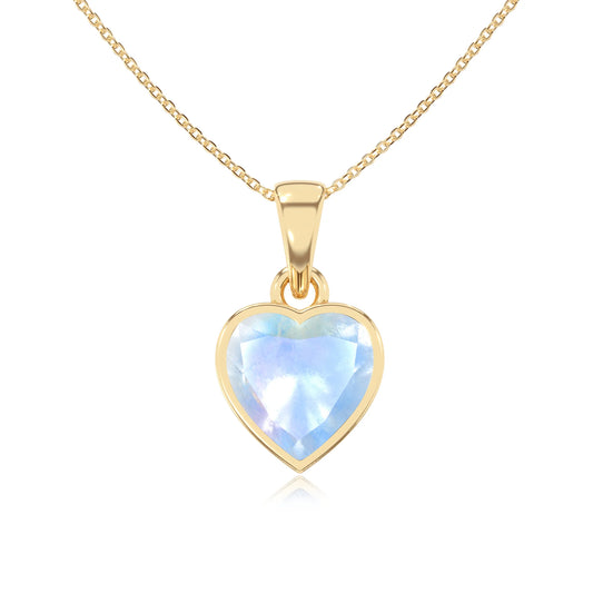 natural rainbow-moonstone heart solitaire necklaces in yellow gold 