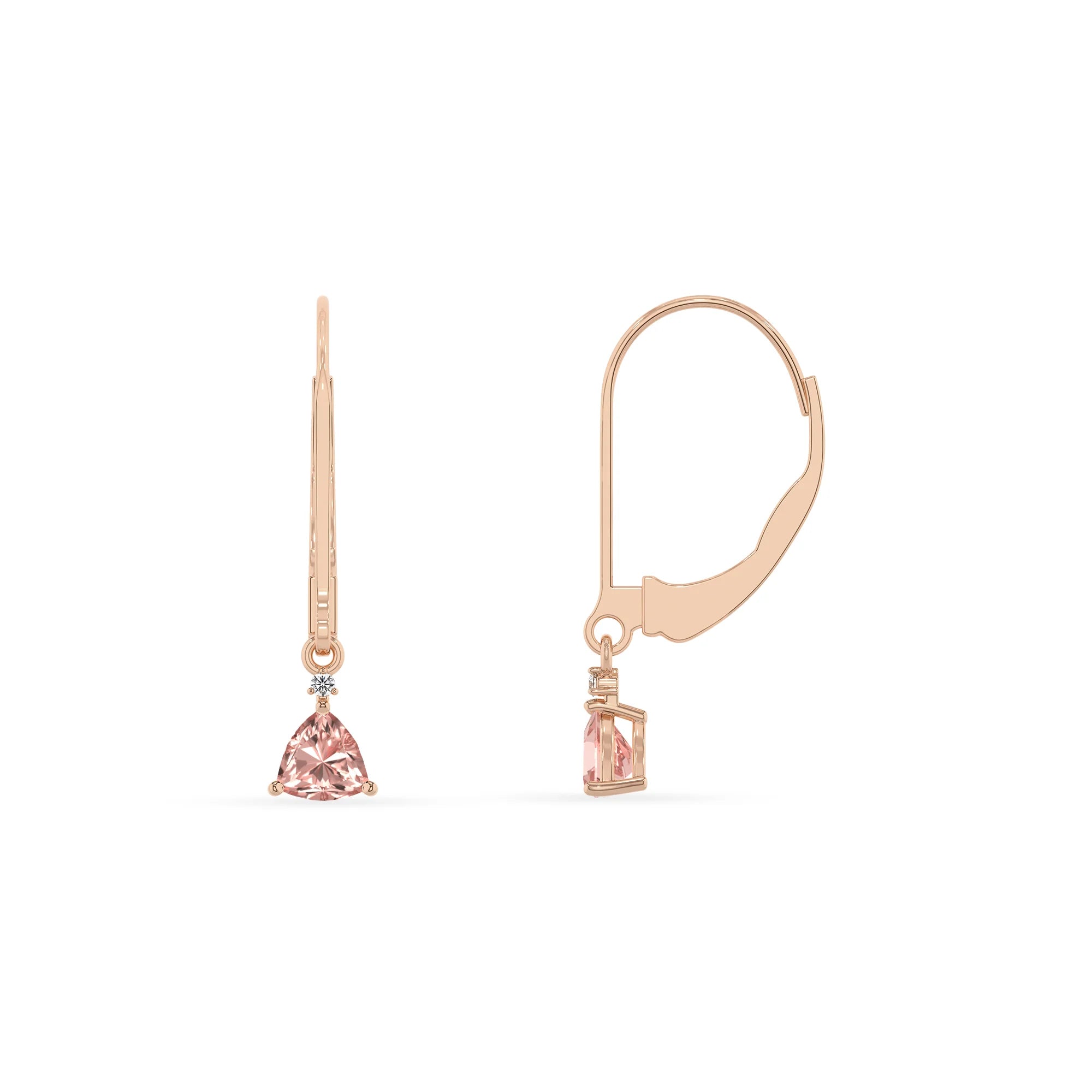 lab grown morganite trillion drop earrings in rose gold 