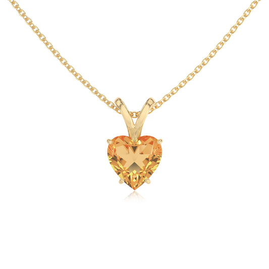 lab grown citrine heart solitaire v-bale necklaces in yellow gold 