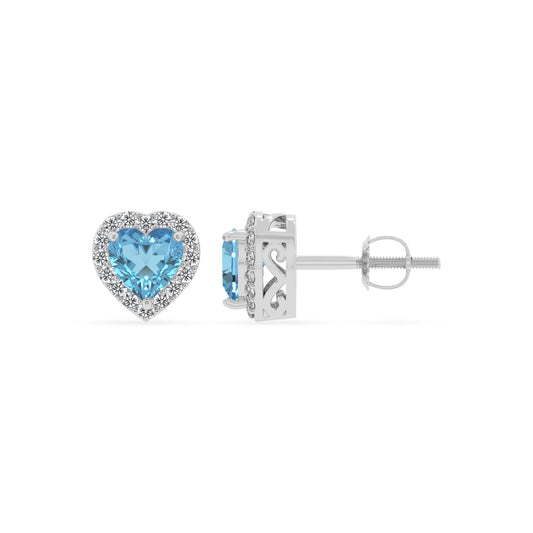 natural swiss blue topaz heart stud earrings in white gold 