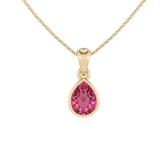 lab grown pink-tourmaline pear solitaire necklaces in yellow gold 