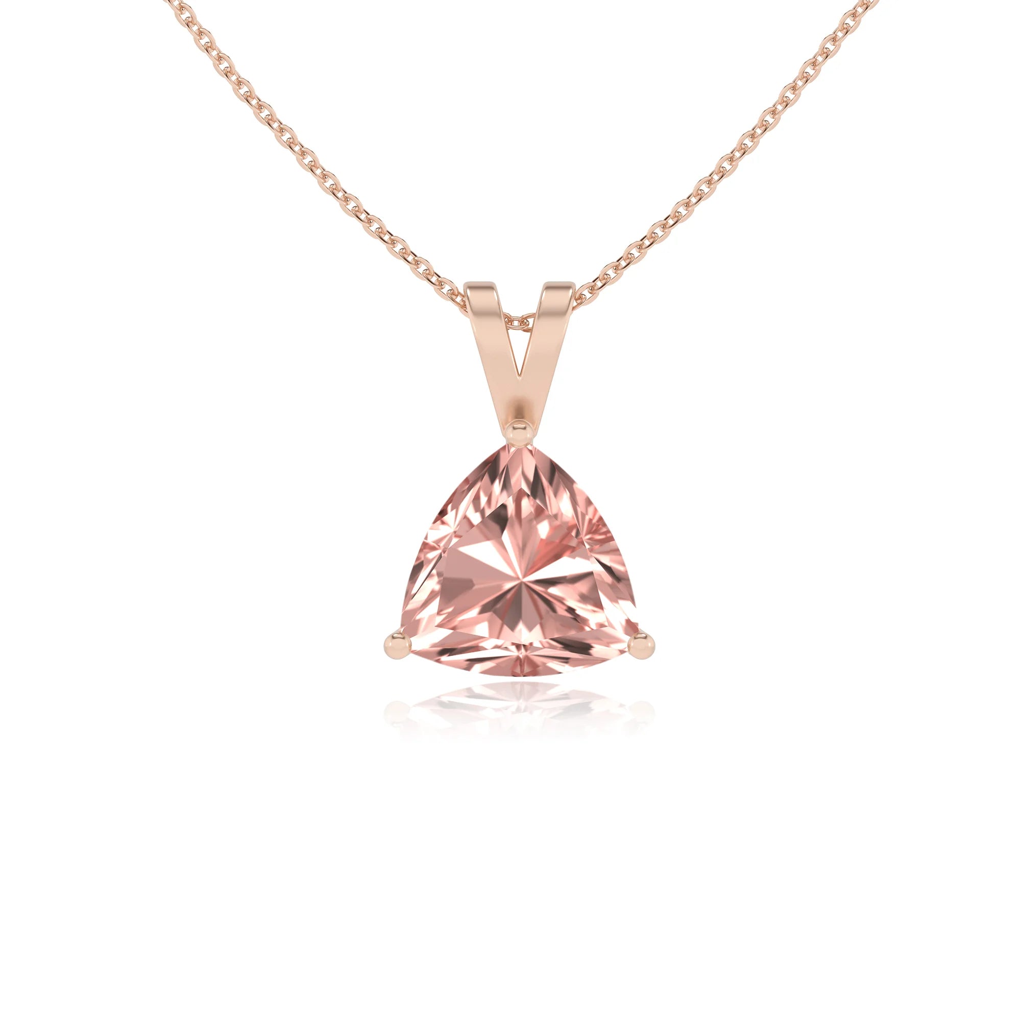 lab grown morganite trillion solitaire v-bale necklaces in rose gold 