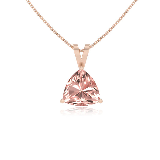 lab grown morganite trillion solitaire v-bale necklaces in rose gold 