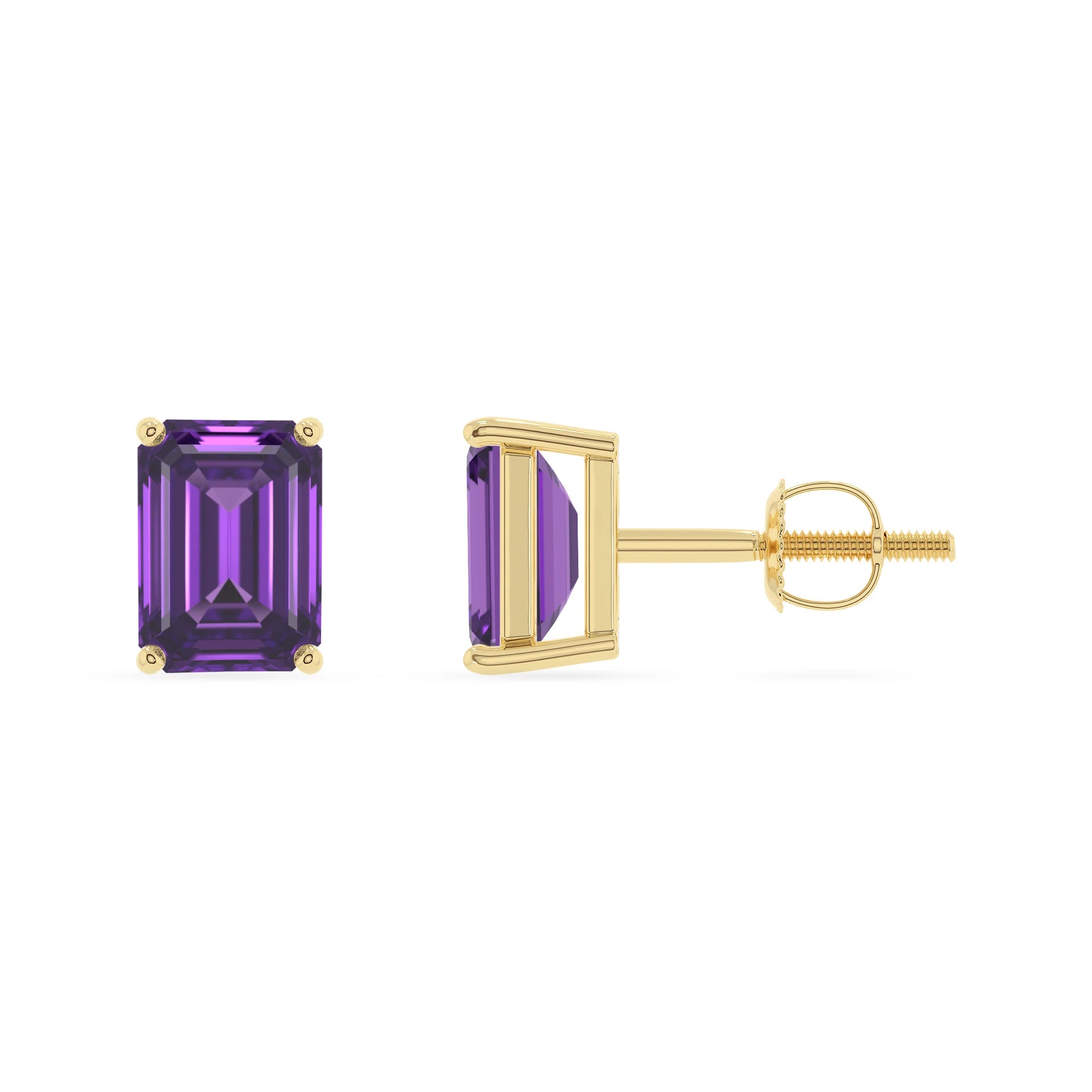 lab grown amethyst emerald cut stud earrings in yellow gold 