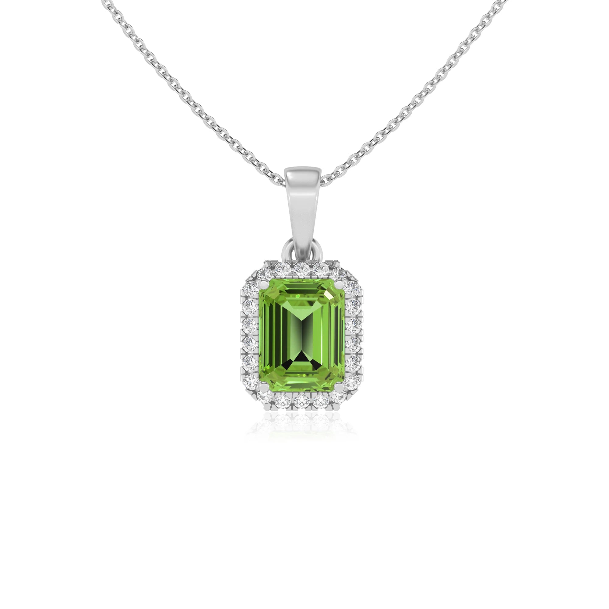 natural peridot emerald cut solitaire necklaces in white gold 