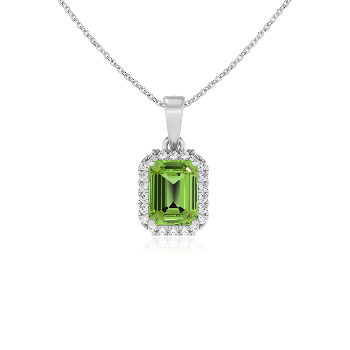 natural peridot emerald cut solitaire necklaces in white gold 