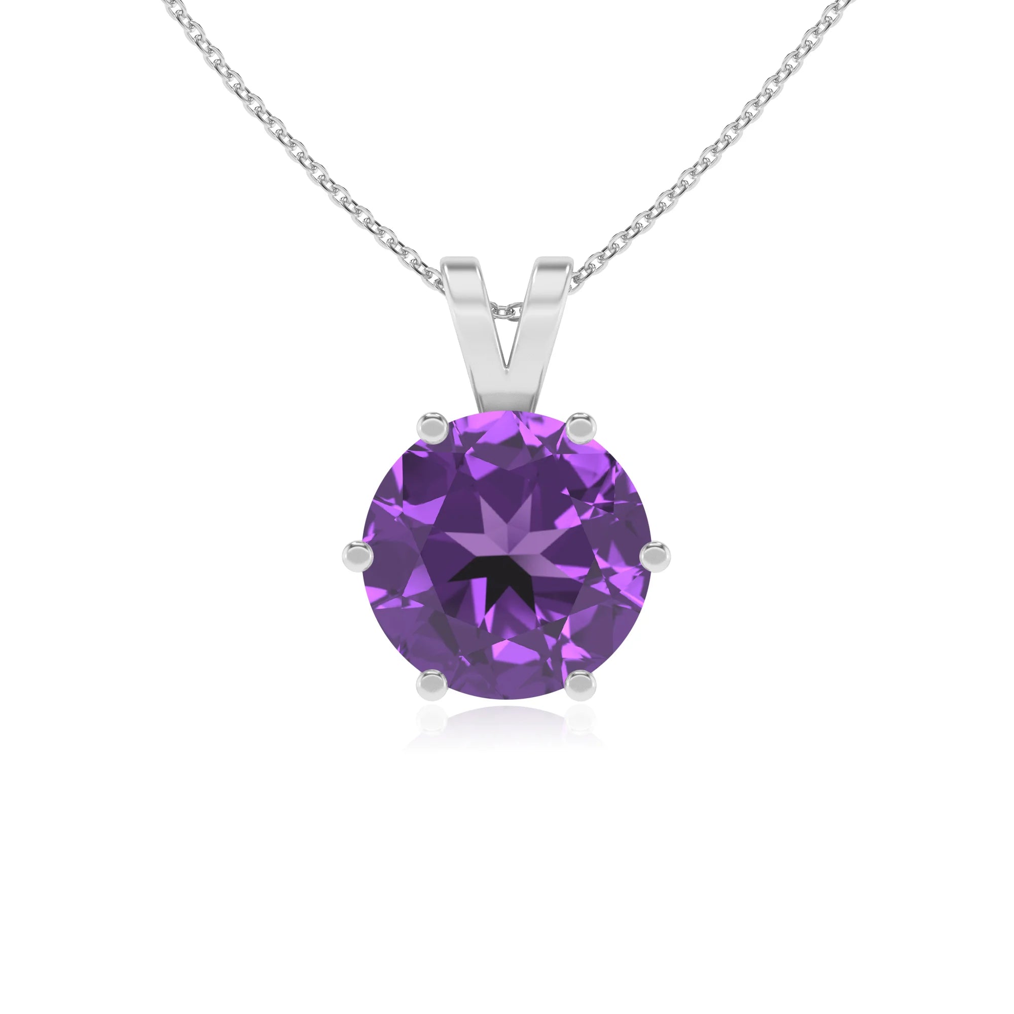 lab grown amethyst round solitaire v-bale necklaces in sterling silver 