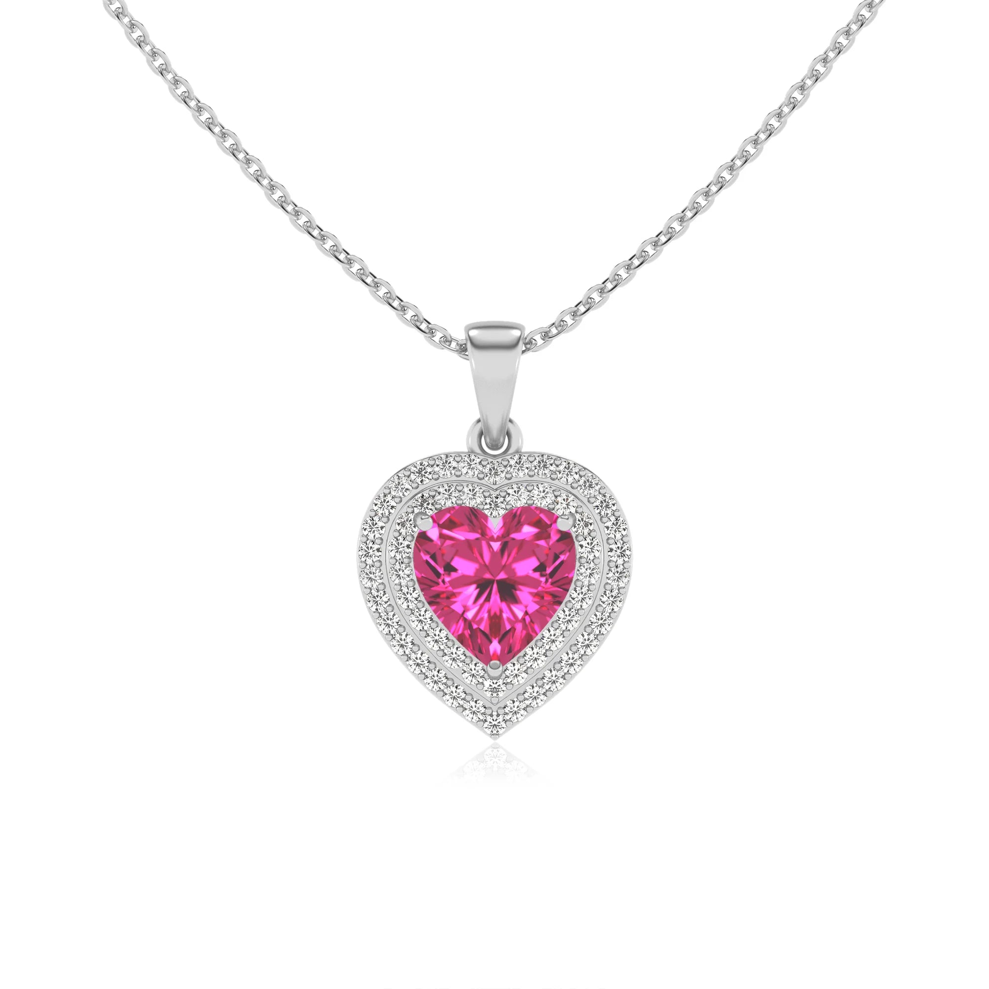 lab grown pink sapphire heart halo necklaces in sterling silver 