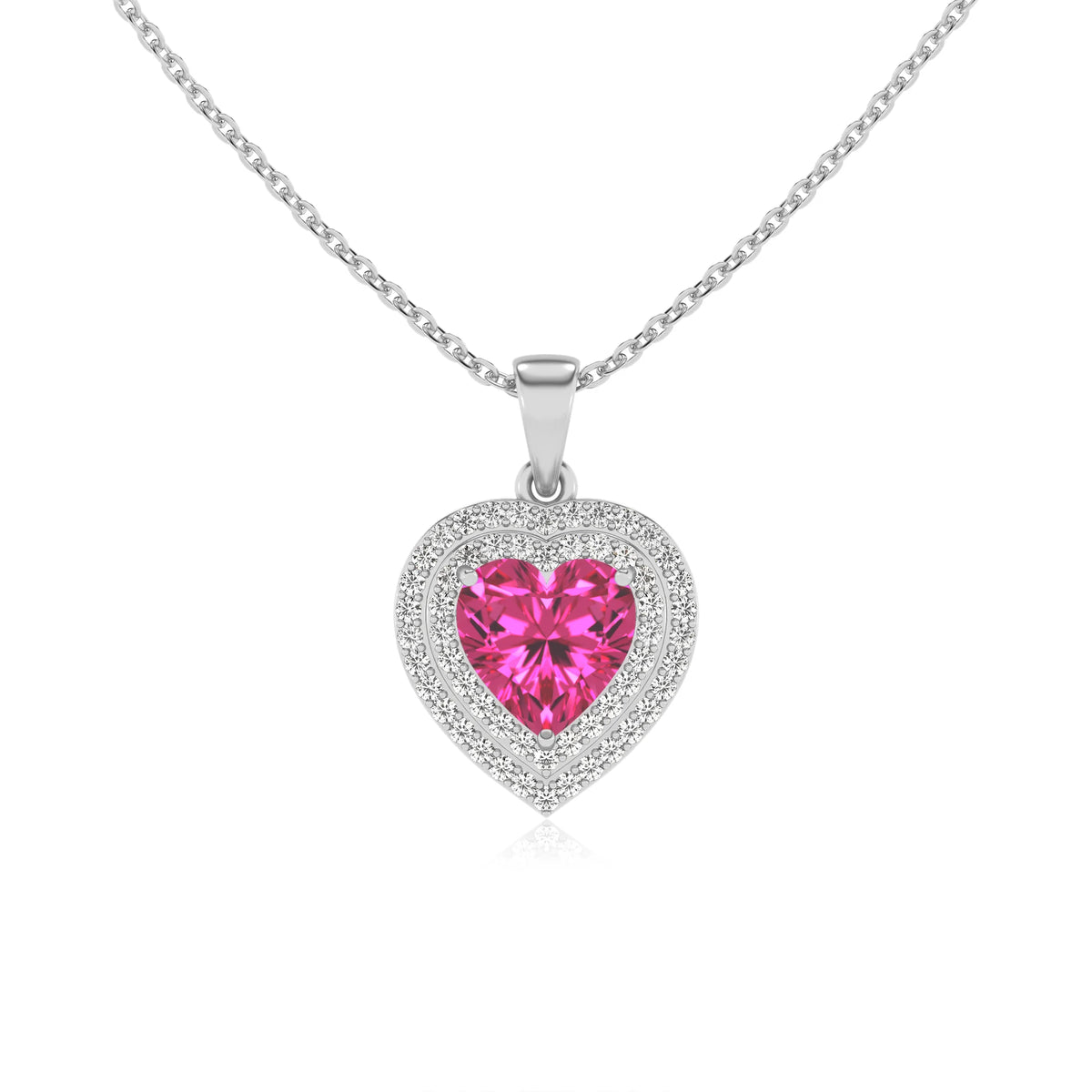 lab grown pink sapphire heart halo necklaces in sterling silver 
