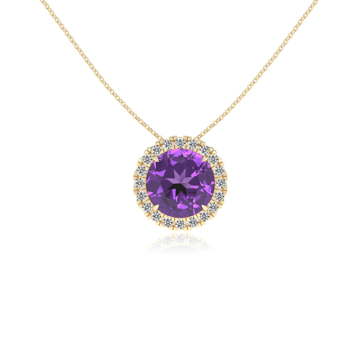 lab grown amethyst round solitaire necklaces in yellow gold 