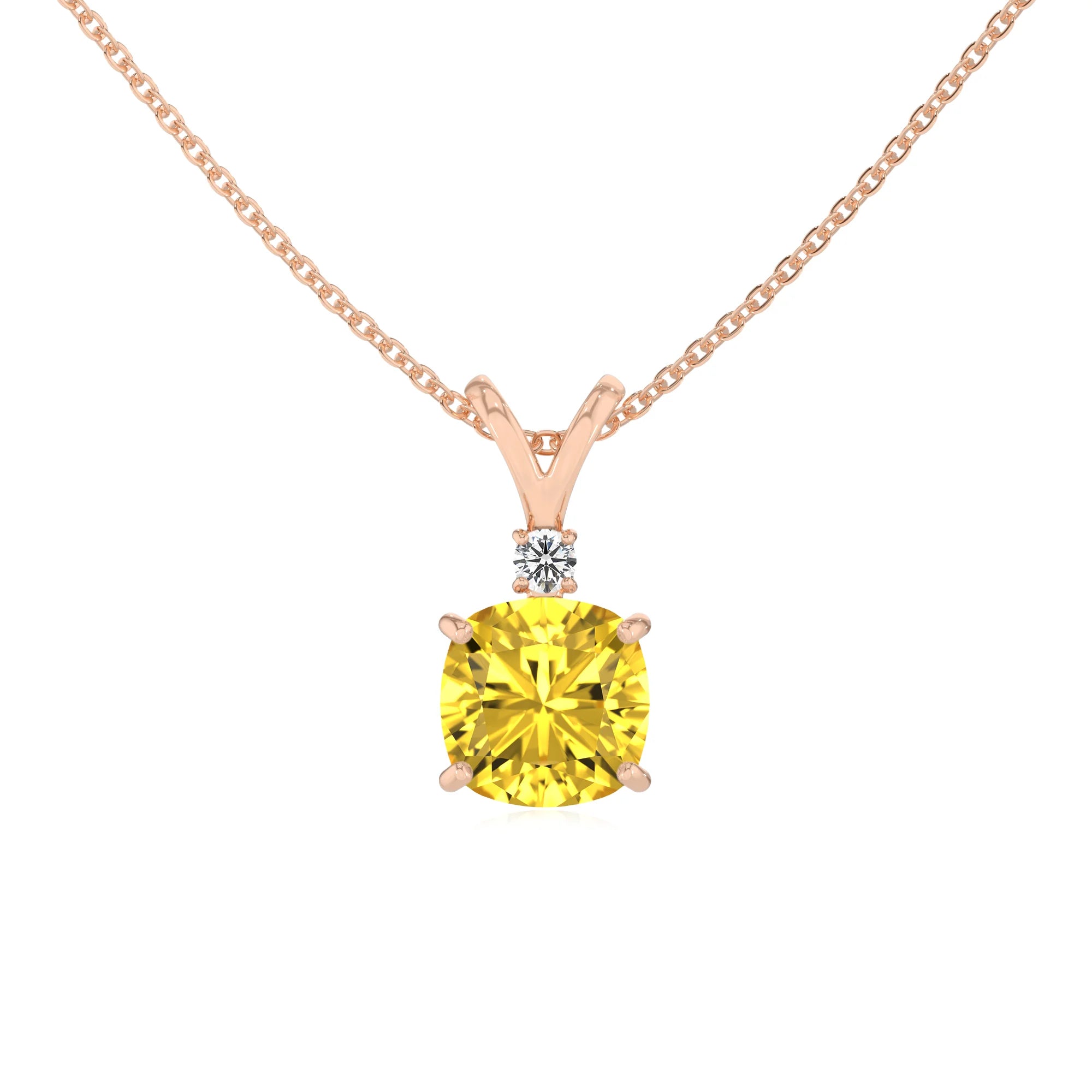 lab grown yellow-sapphire cushion solitaire v-bale necklaces in rose gold 
