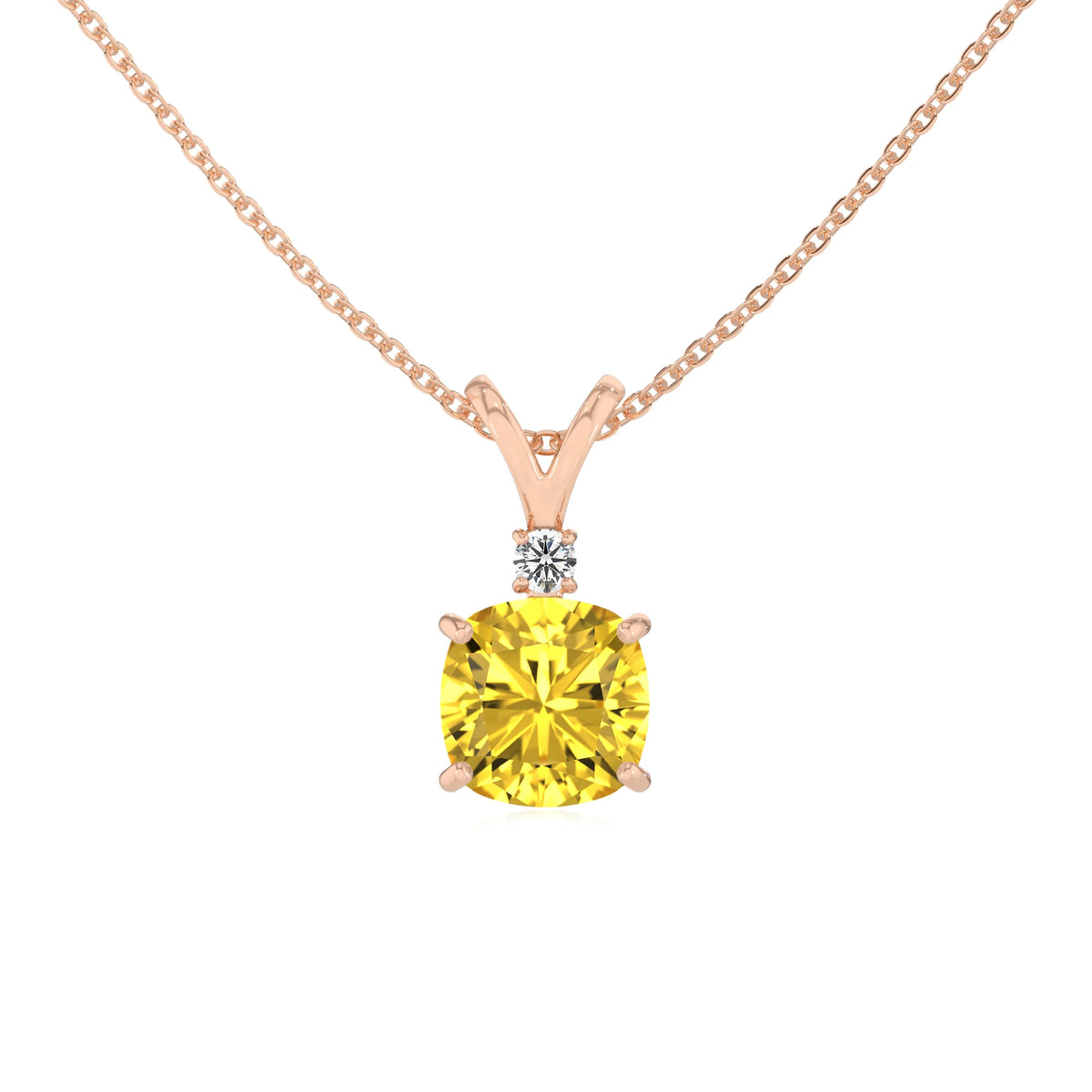lab grown yellow-sapphire cushion solitaire v-bale necklaces in rose gold 